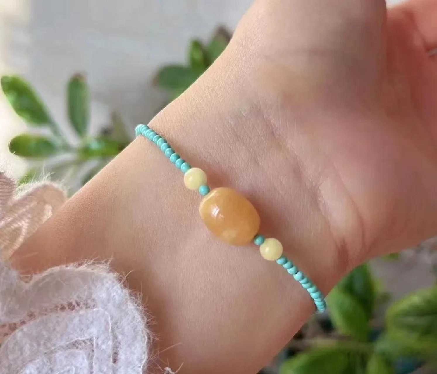 原矿绿松石米珠手链 搭配蜜腊枣珠 925扣头 精致小巧款