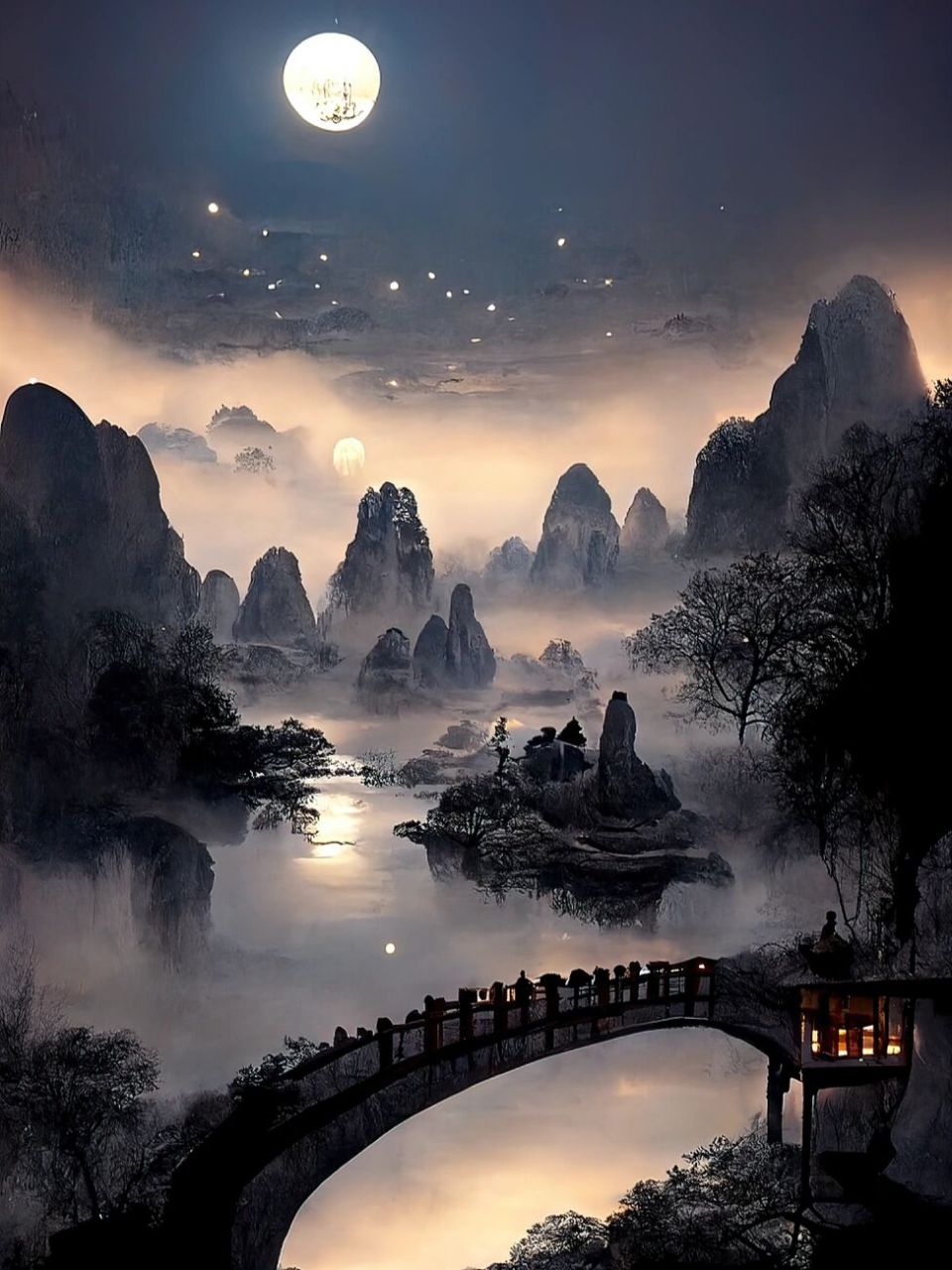 ai数字创作|国风水墨画-山林月色 赤壁赋:"月明星稀,乌鹊南飞…山川相
