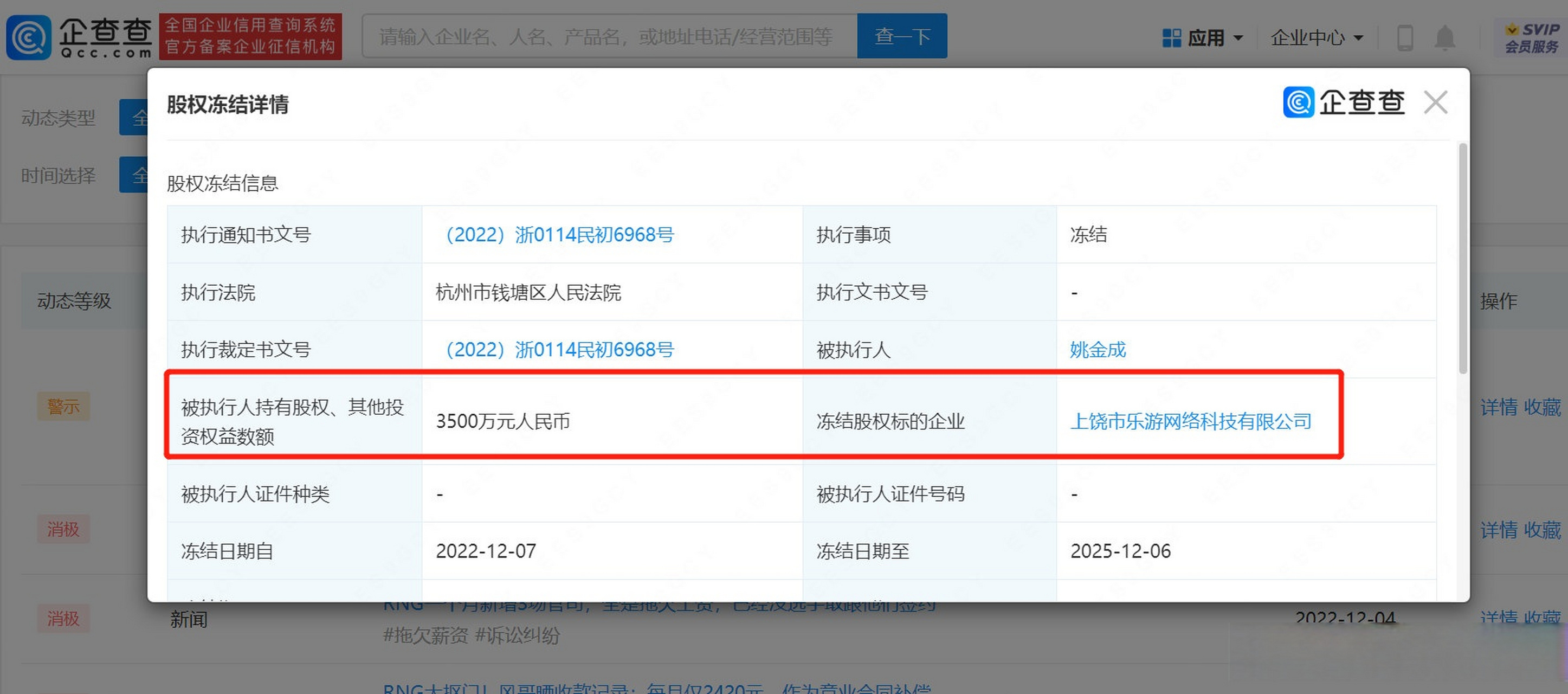 近日,rng战队老板姚金成(白星)被杭州市钱塘区人民法院冻结持有股权