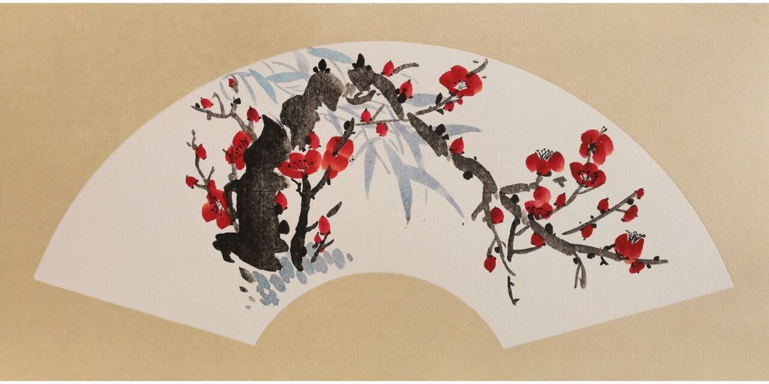 国画扇面 写意樱桃 兰花 梅花组合