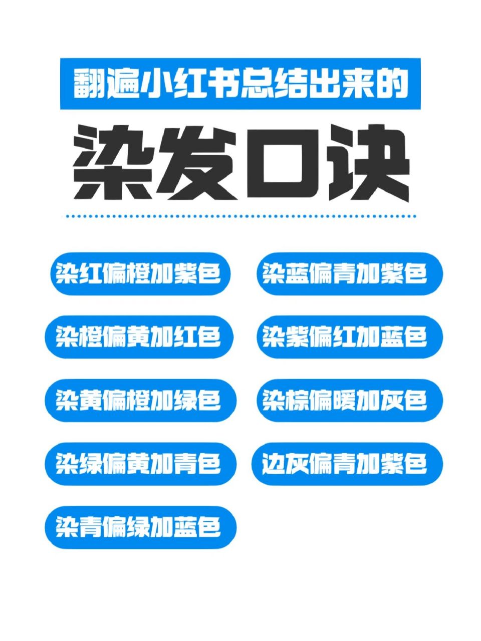 染发口诀 染红偏橙加紫色 染蓝偏青加紫色 染橙偏黄加红色 	 染紫偏