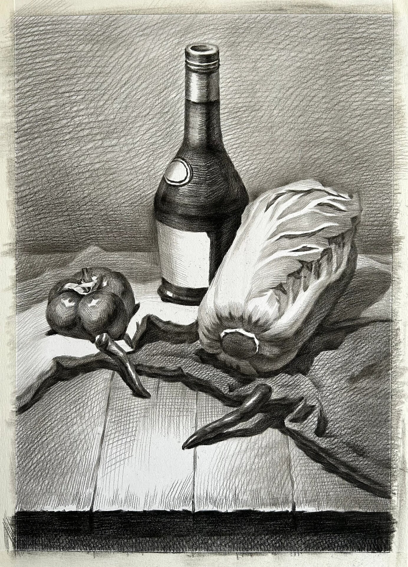 素描静物《酒瓶白菜组合