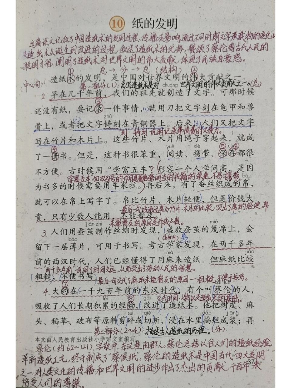 这篇课文记叙了中国造纸术的发明过程,传播及影响,通过不同时期文字