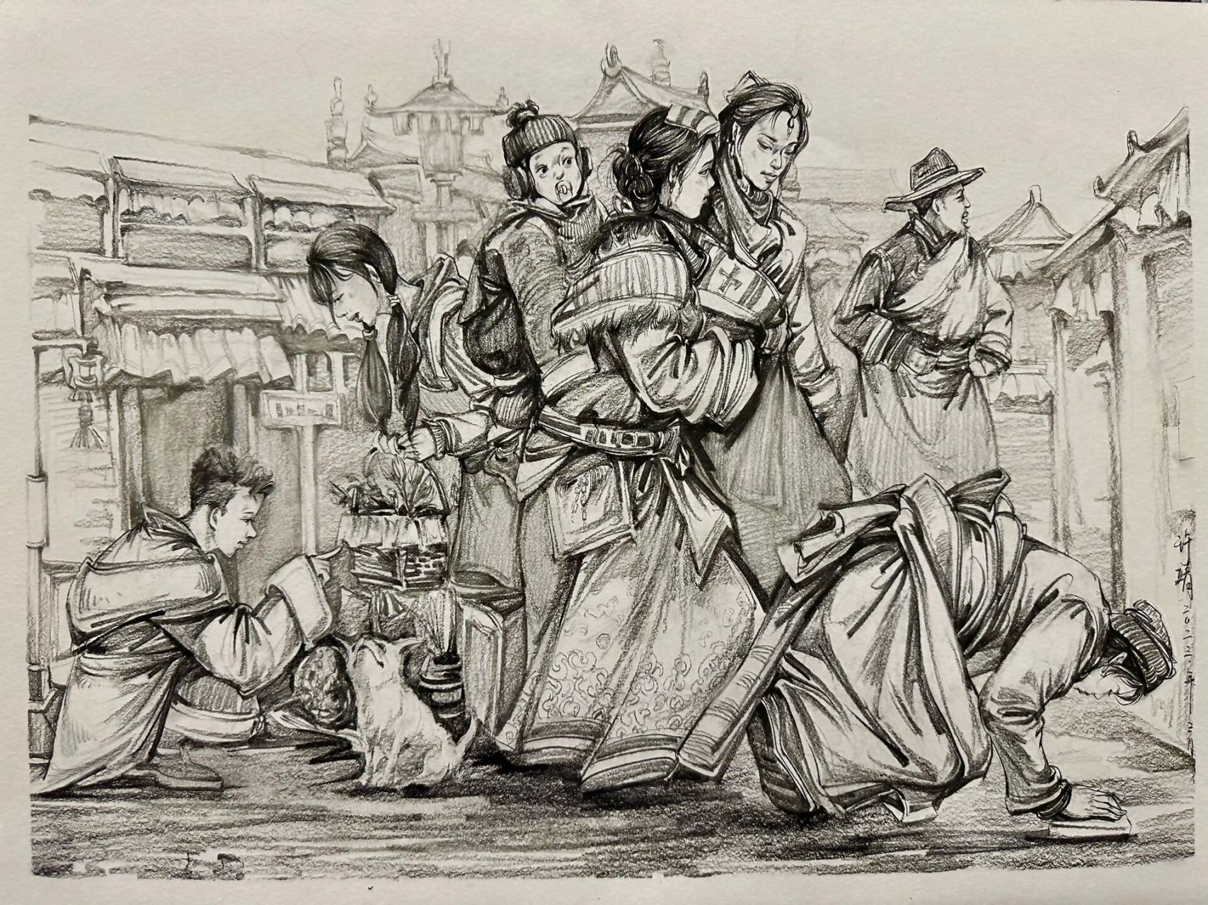 藏族人物速写场景 《朝拜路上的人》人物素材组合在一起讲一个故事.