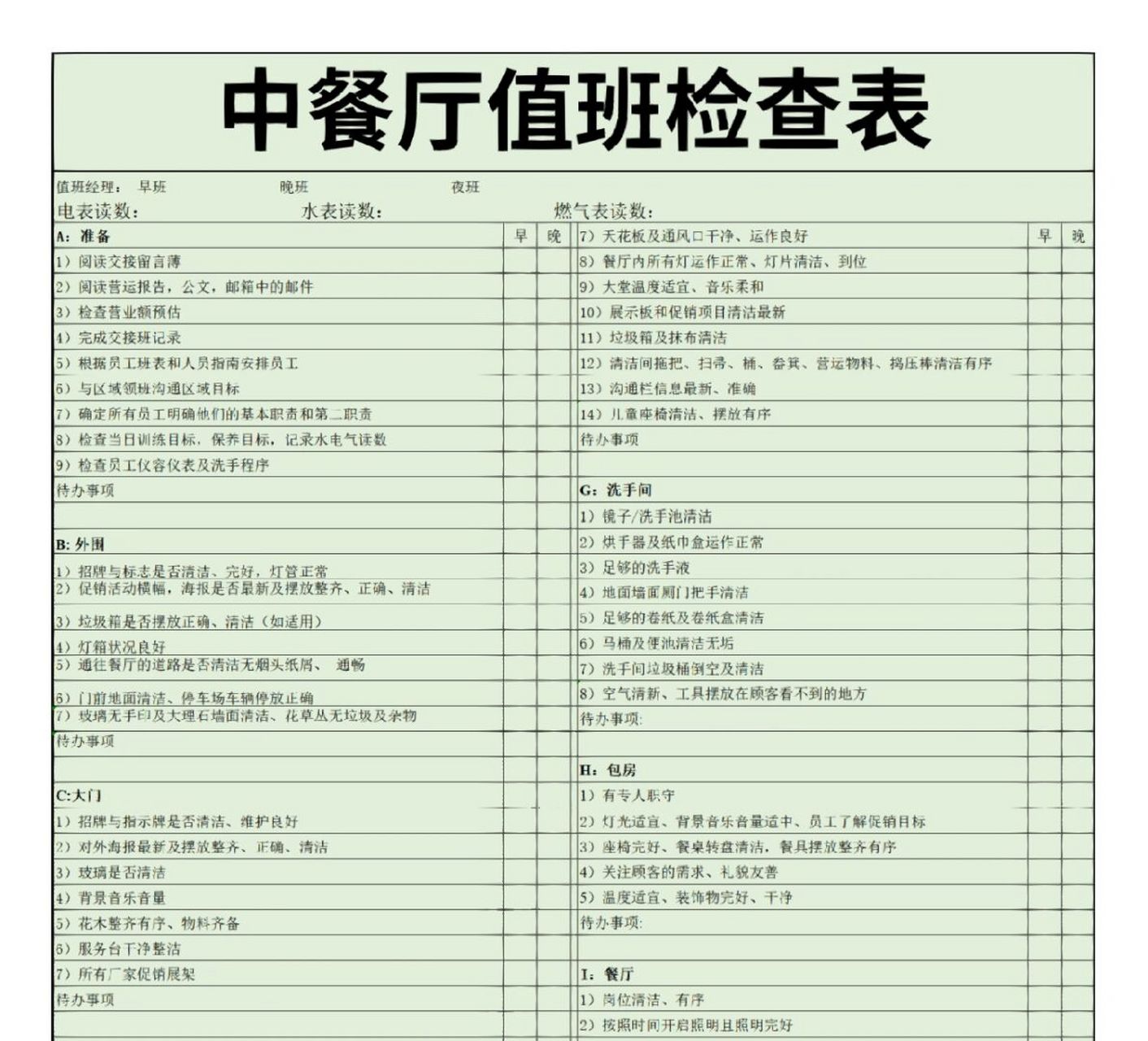 餐饮中餐厅值班检查表