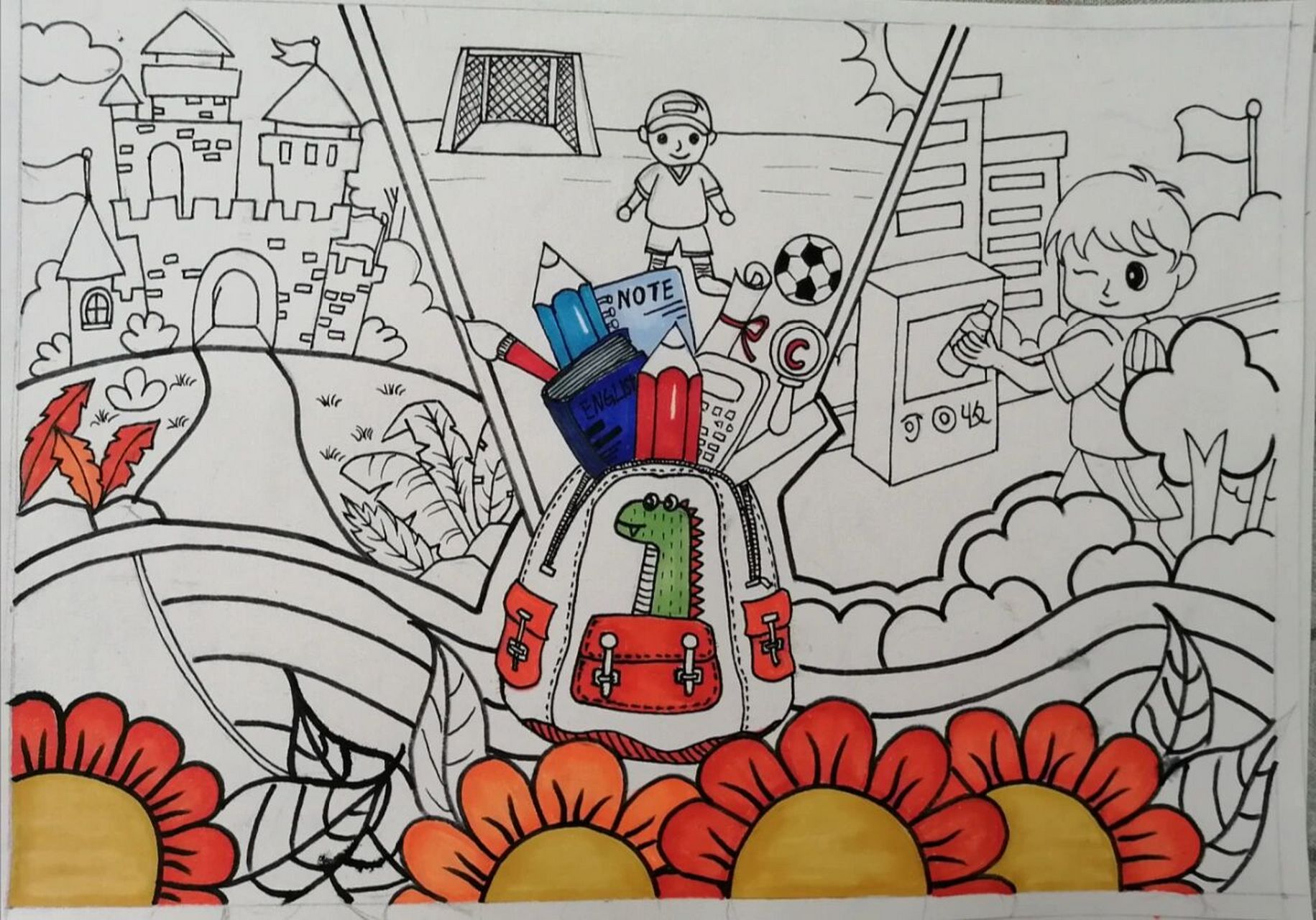 我的学校,美好校园马克笔儿童手绘手抄报 用的touch马克笔,色号有:1