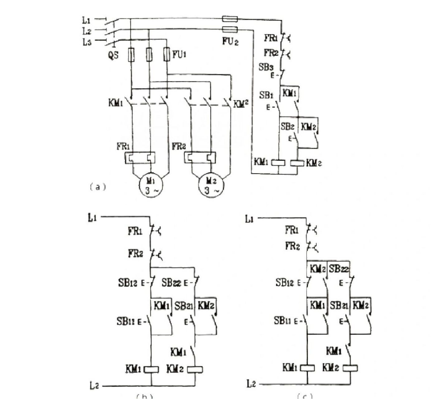 三相电动机控制电路实现顺序控制电路图解 下图(a)所示为三相电动机