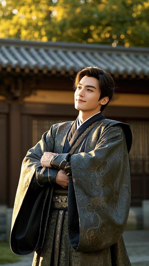 在一座古雅的庭院中,一位帅气男子气概的小哥哥身着华丽的袍服