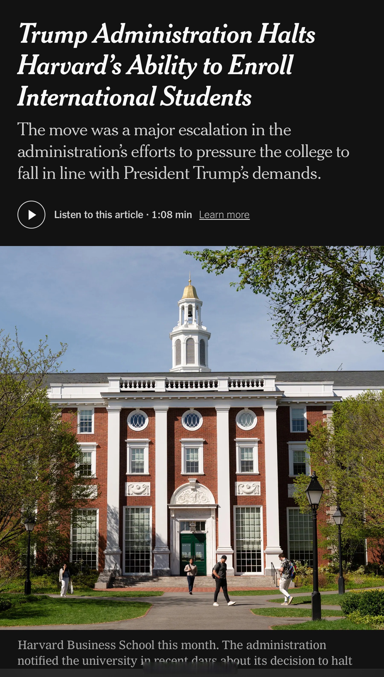 川普政府周四宣布,暂停哈佛大学招收国际学生的资格