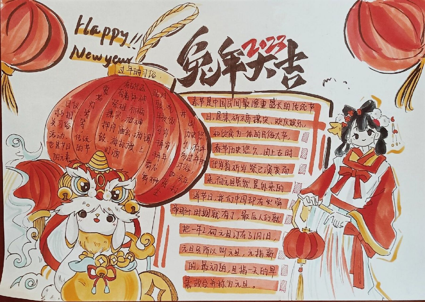 新年春节手抄报有模板 勾线笔用的是樱花94 后面还有一些文字模板我
