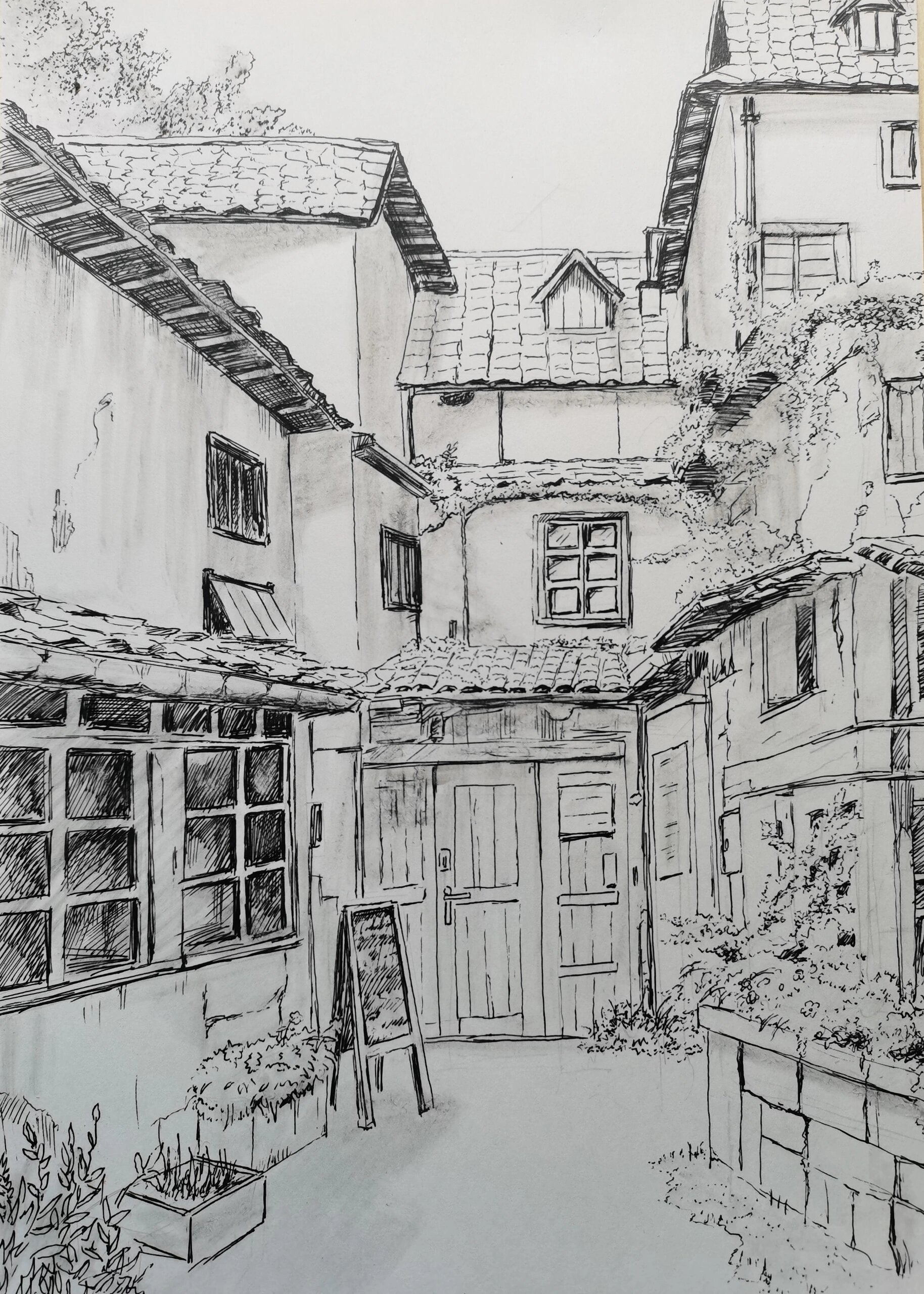 钢笔画《小巷》