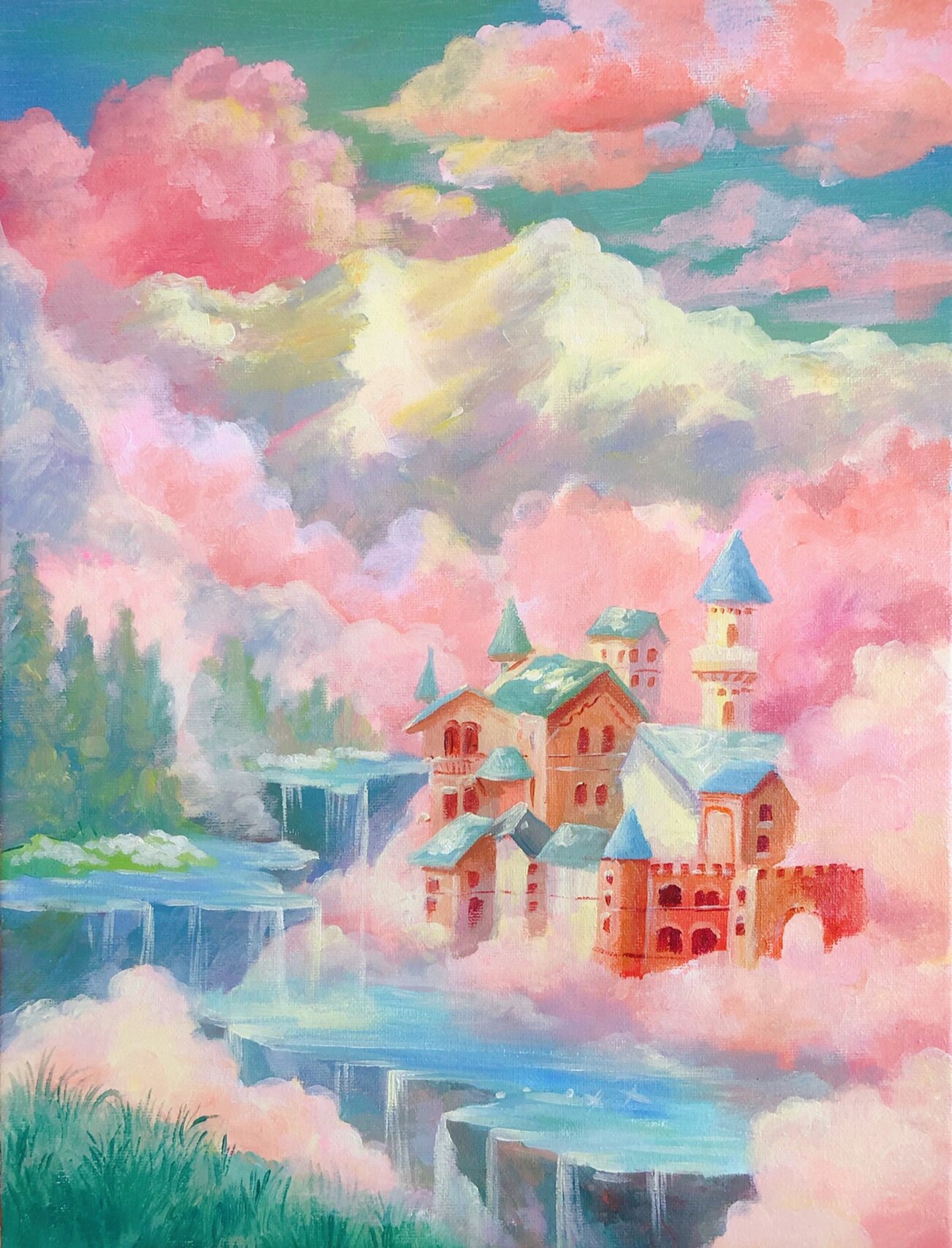 原创丙烯画～梦幻城堡/粉色云端/天空之城