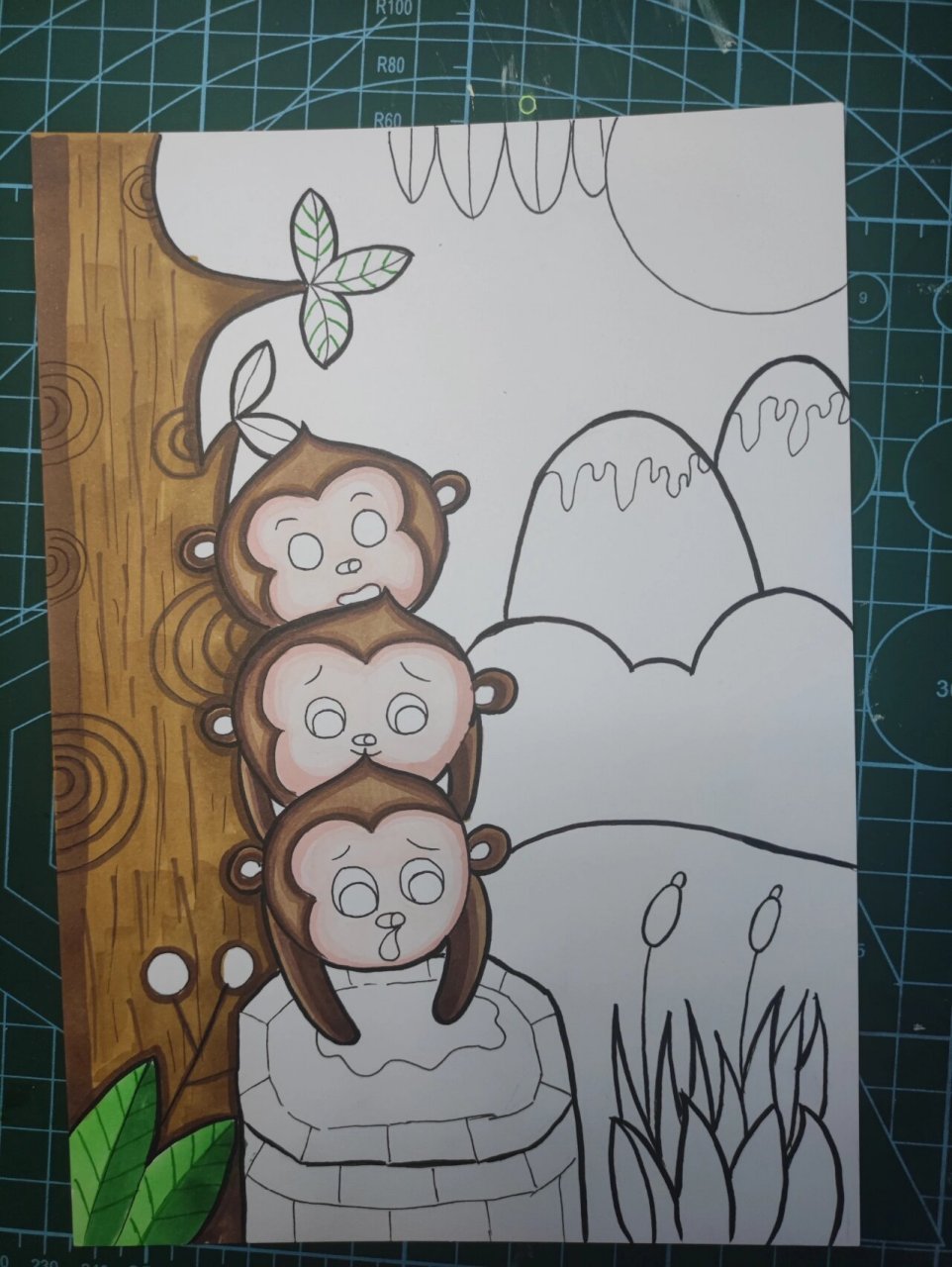 《猴子捞月》儿童画