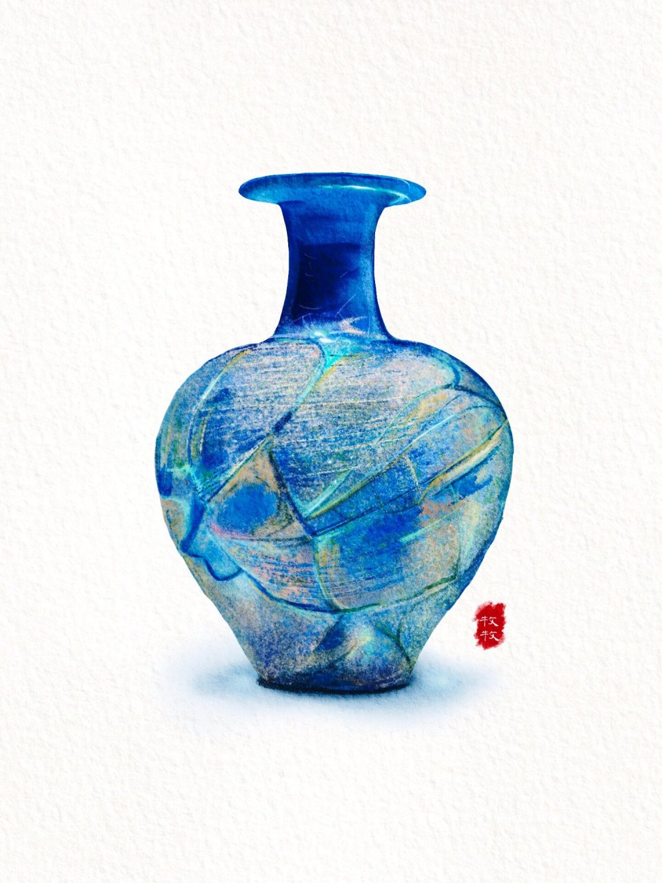 水彩文物|北魏蓝色玻璃瓶 大同市博物馆藏· 北魏蓝玻璃瓶 超级美