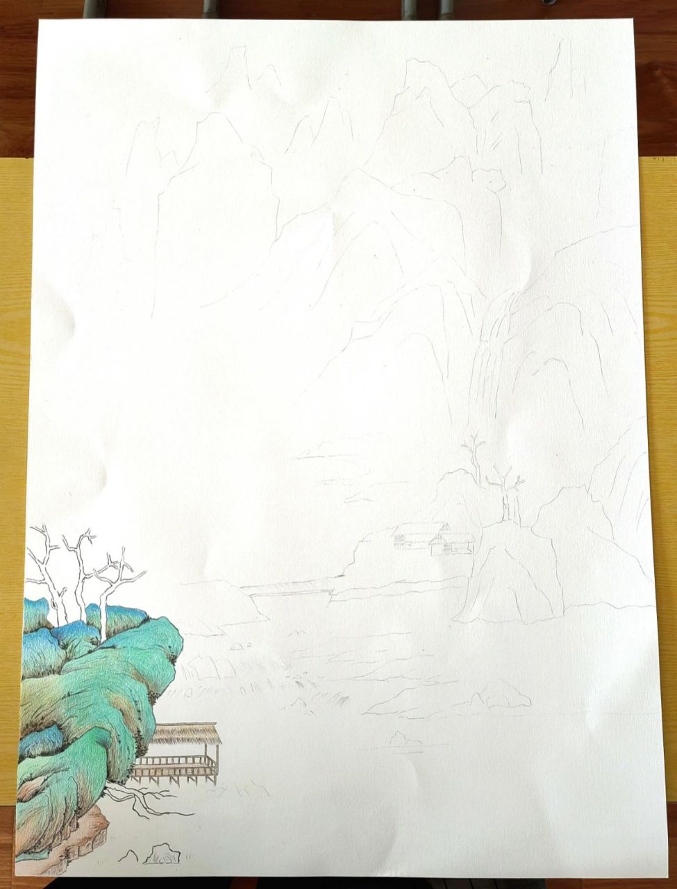 继续加油吧   彩铅青绿山水画