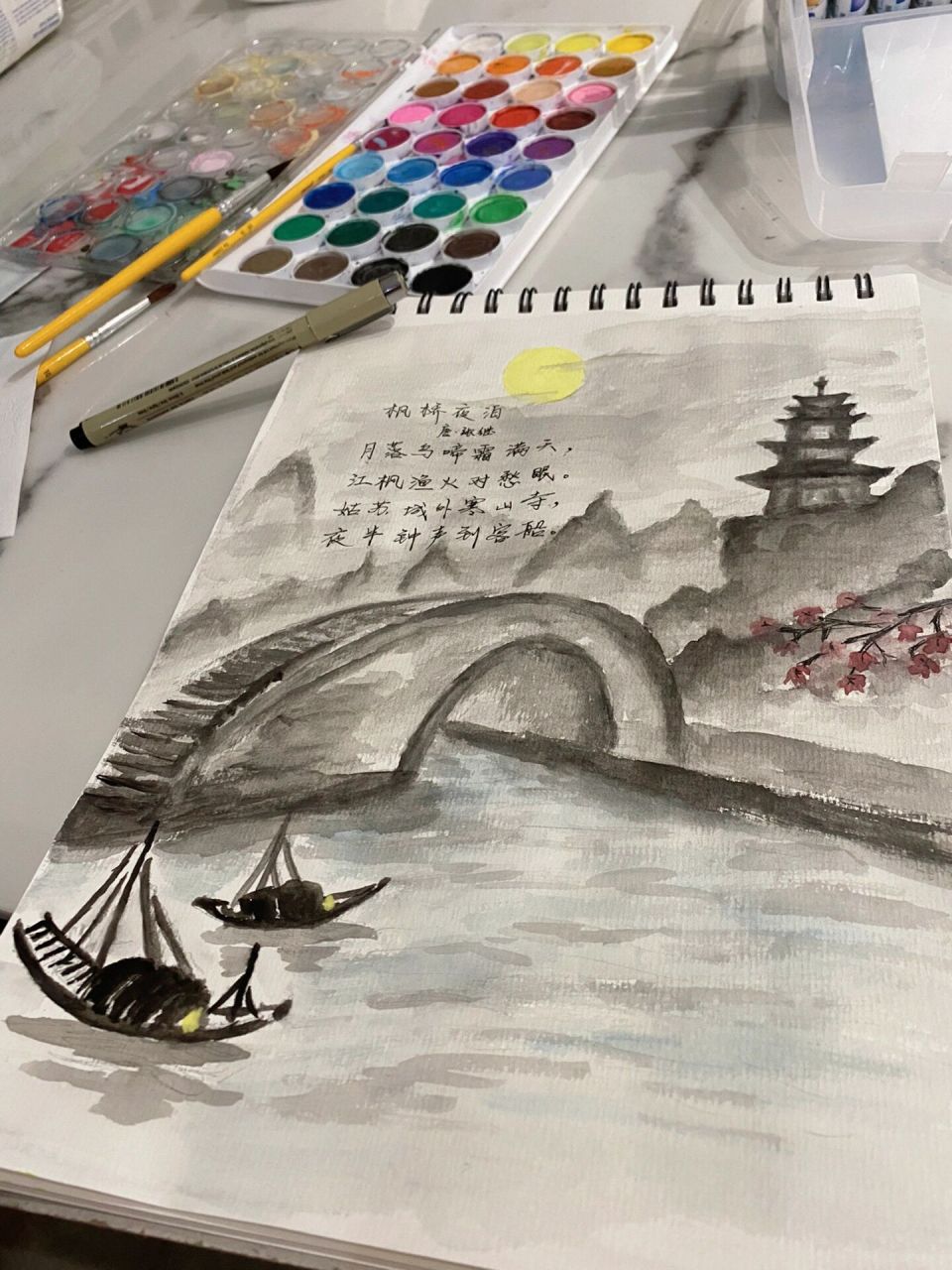 古诗配画.《枫桥夜泊》 这周播报《枫桥夜泊》,极速完成