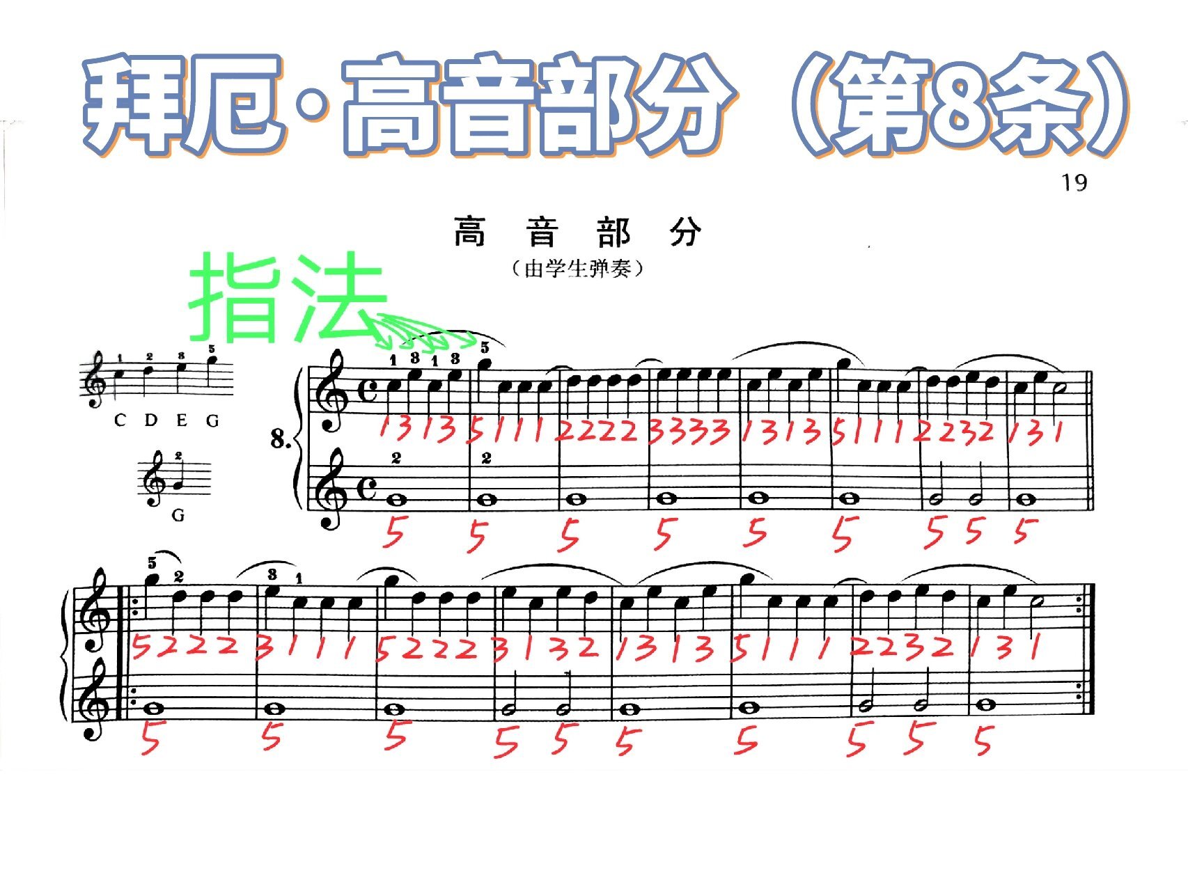 高音部分(第8条) 拜厄·高音部分(第8条)书本第19页 红色的是:简谱