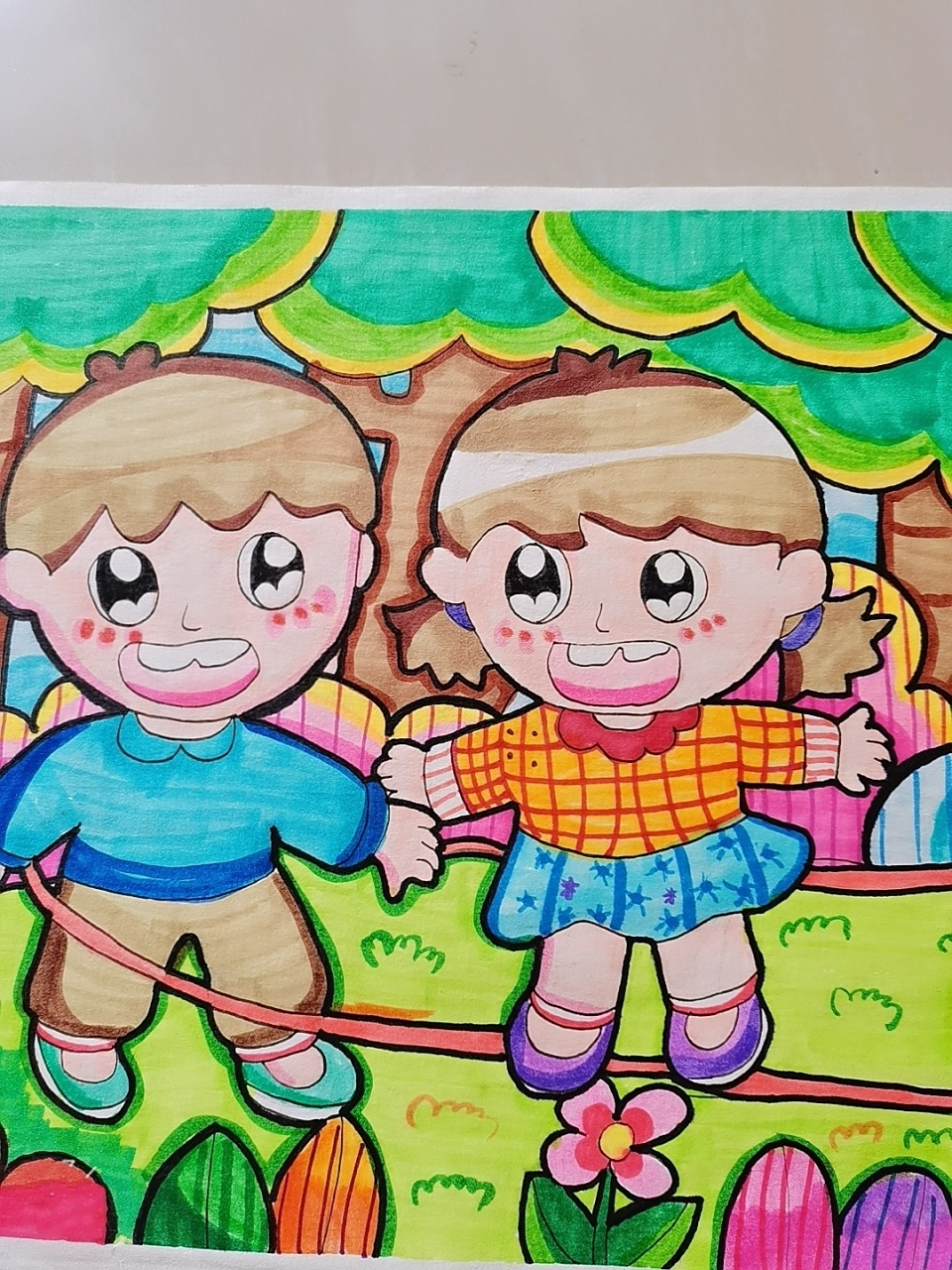 自创儿童画《一起做游戏》