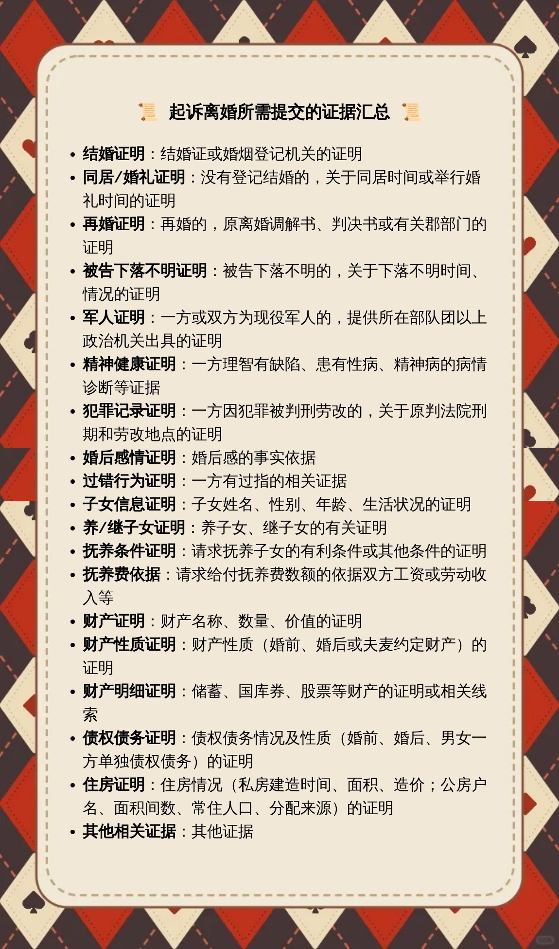 离婚诉讼证据清单