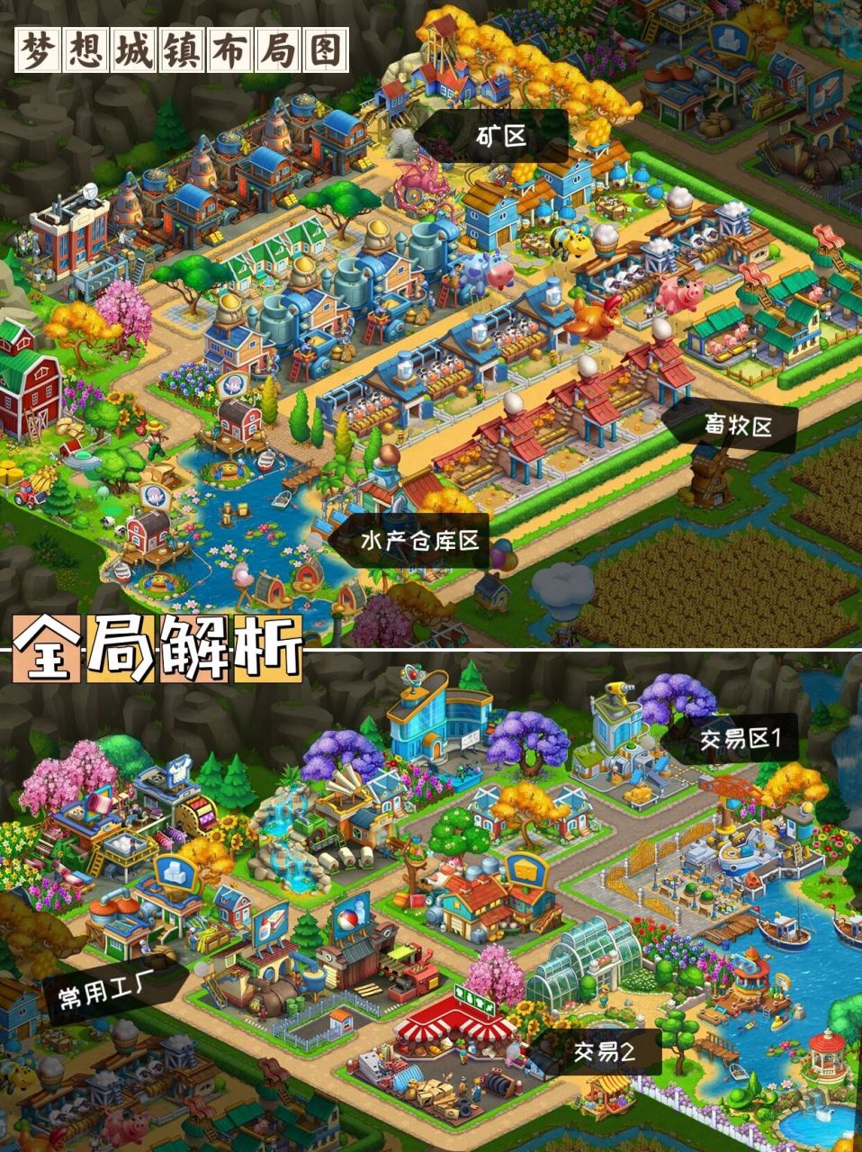 梦想城镇布局图|全布局(分区解析) 把全景图拆开了,这样看的更清晰