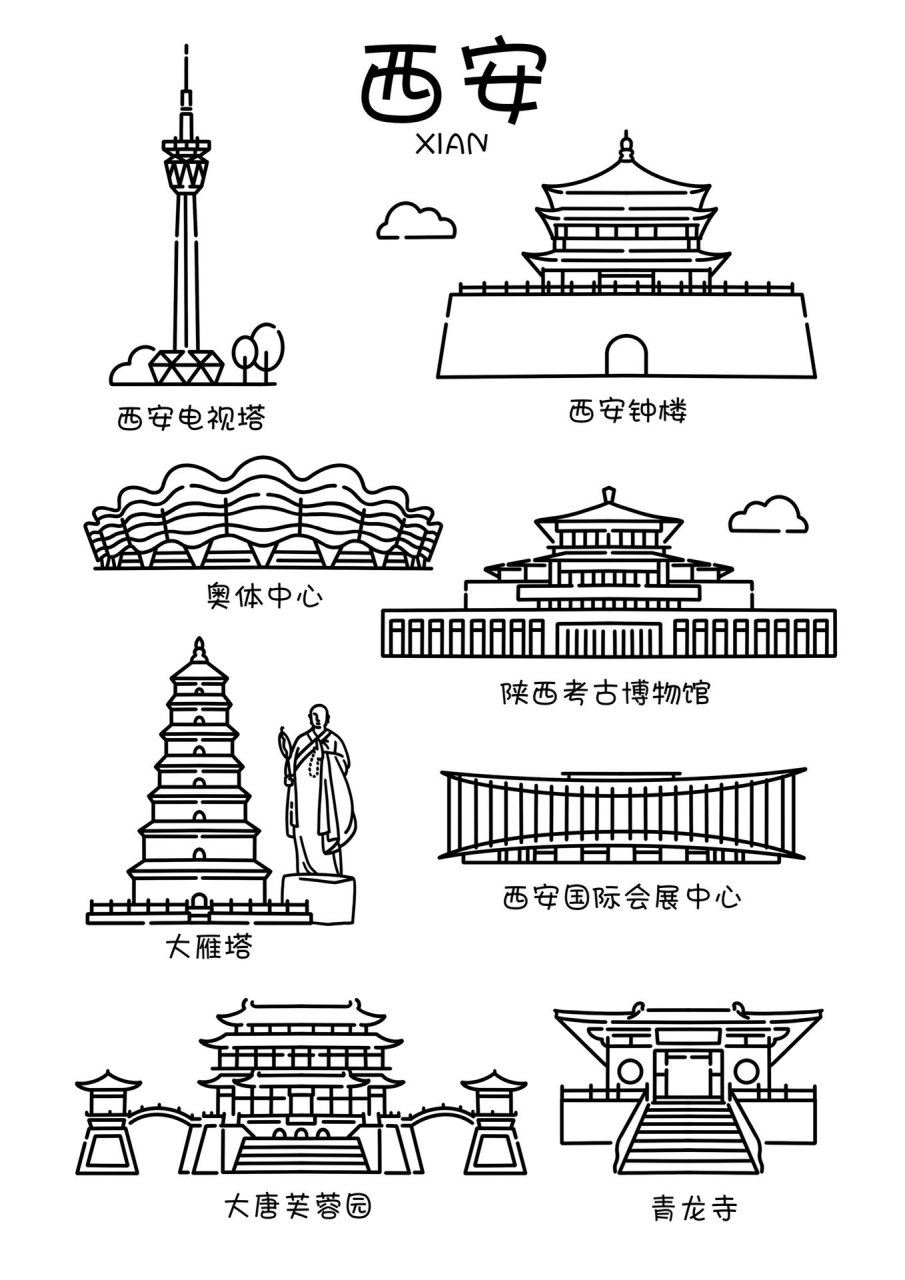 城市地标建筑系列插画/手绘简笔画 08第十站-西安: 西安电视塔(陕西