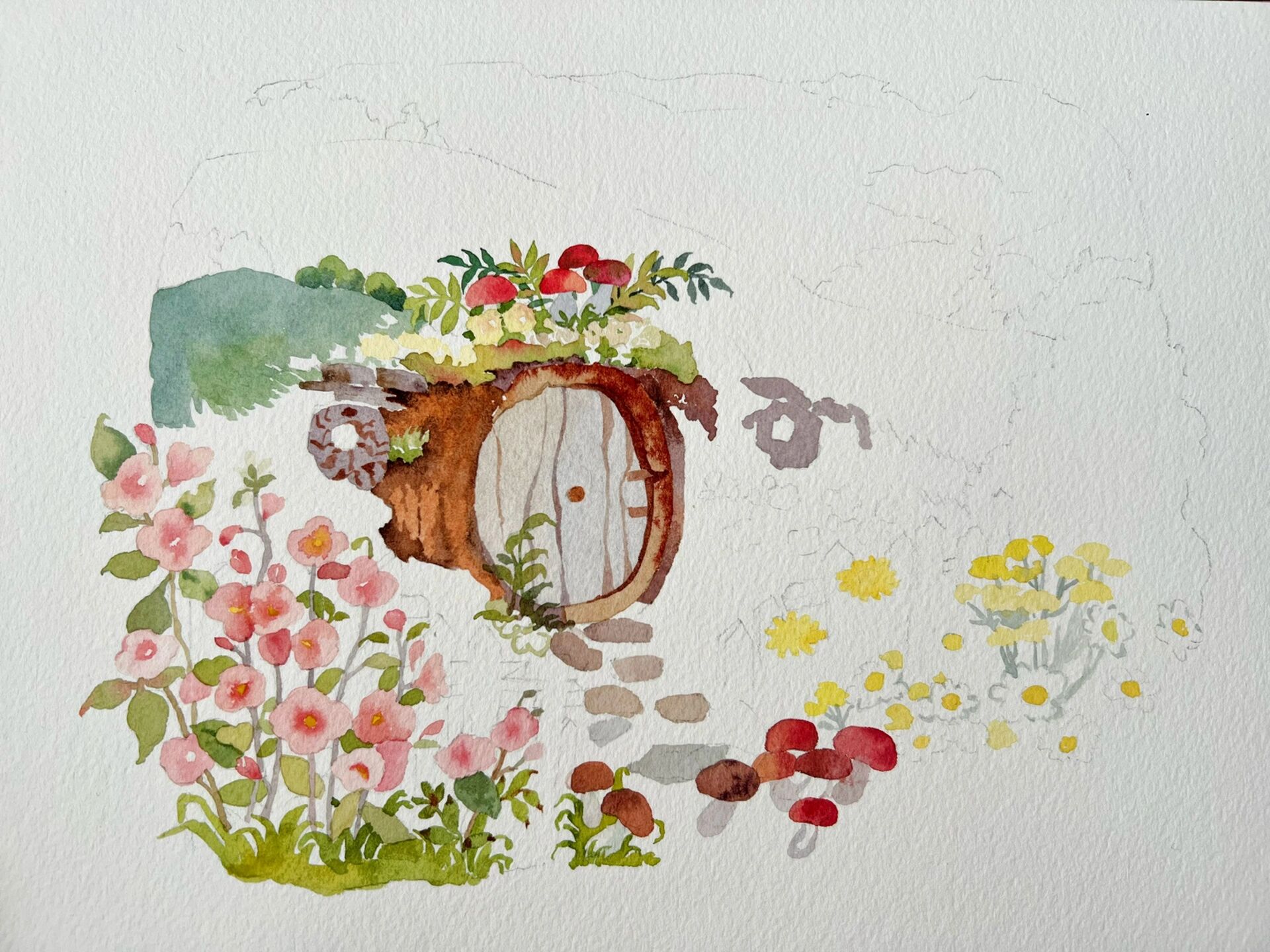 霍比特人小木屋水彩画 欢迎来到美丽的童话世界~但凡少点耐心都画不