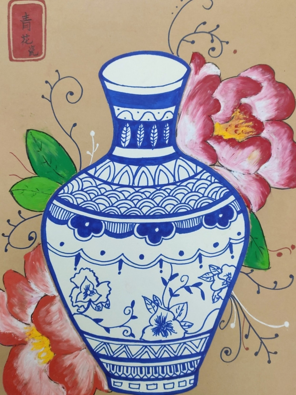 创意画线描——青花古韵(含课件) 重点是青花瓷瓶的外形及装饰线,花卉