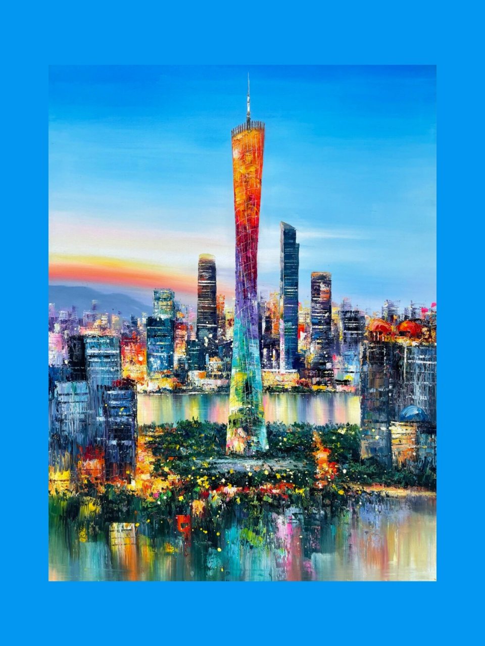 油画作品-《广州/小蛮腰》 原创油画作品 手绘现代印象广州城市建筑