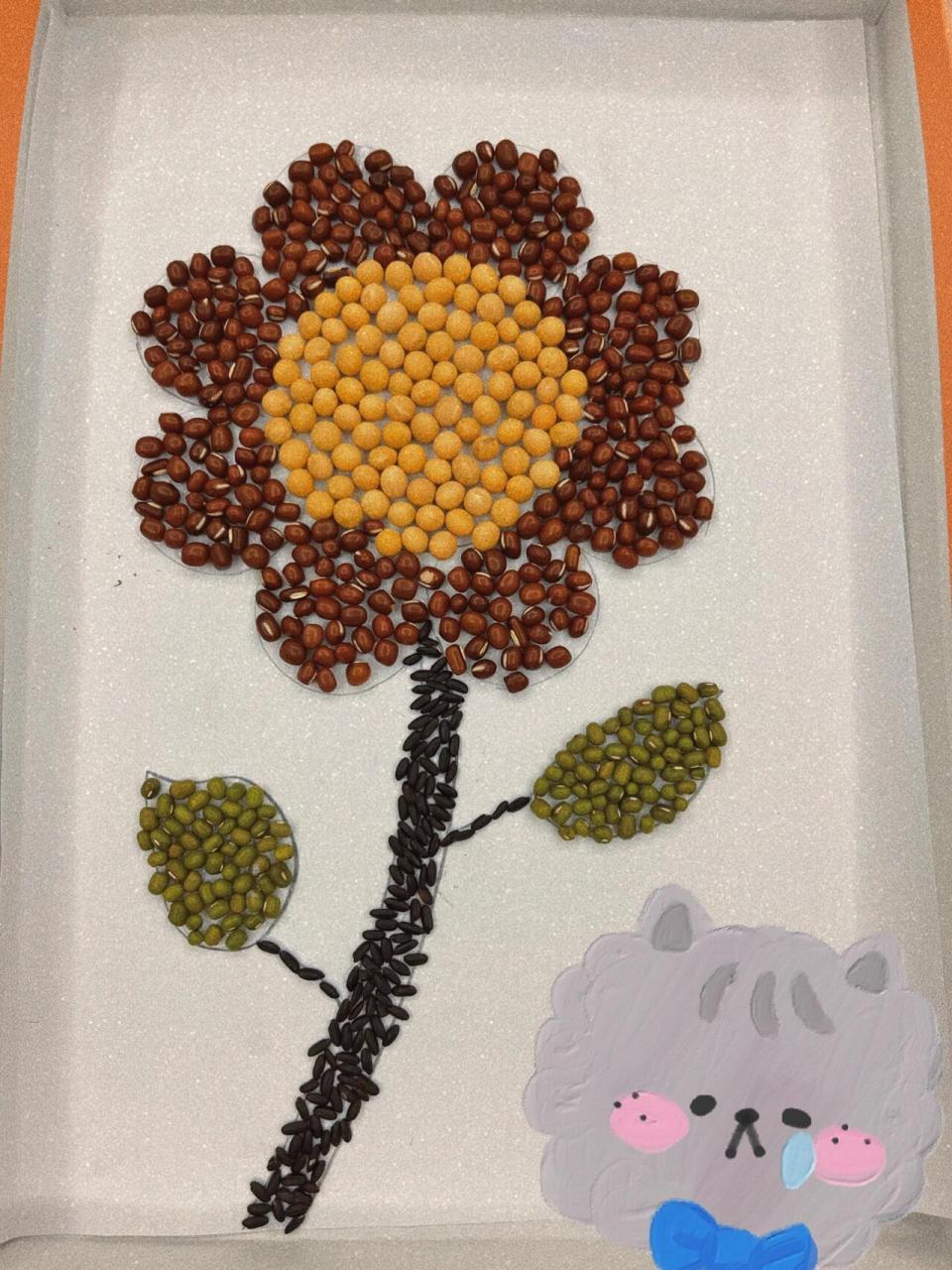 先找一个图打印出来或者临摹 简单易操作上手的 选大颗粒的种子更容易