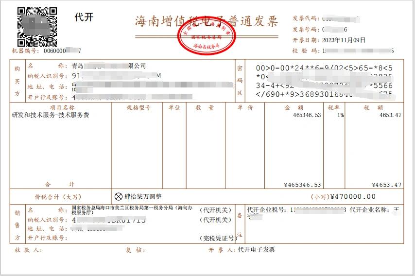 11月9号个人与公司合作开具技术服务费票据