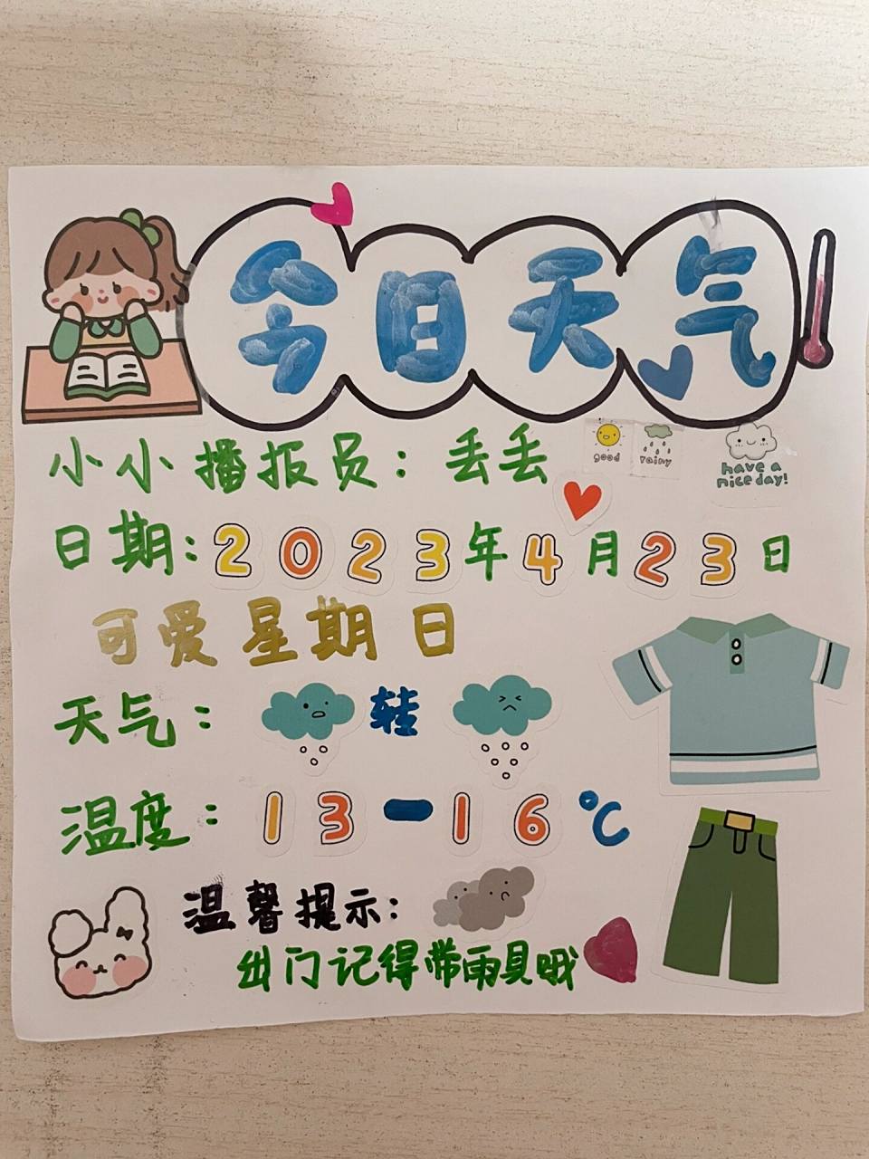 幼儿园天气播报7415 今天轮到丢丢做天气播报员啦 提前一晚做了