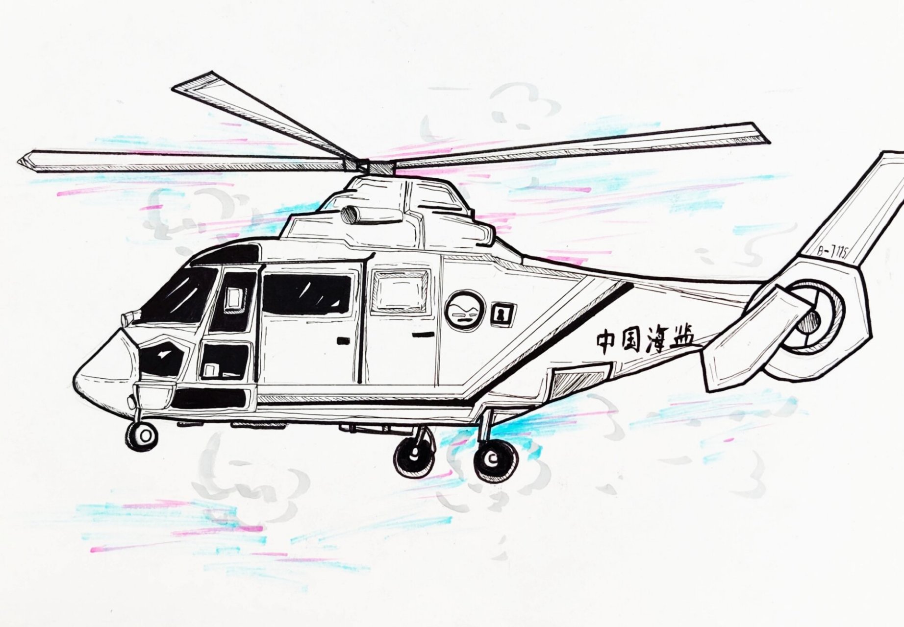 《飞机》 黑白线描的飞机显得很不一样 是写生课哦 难的是透视以及