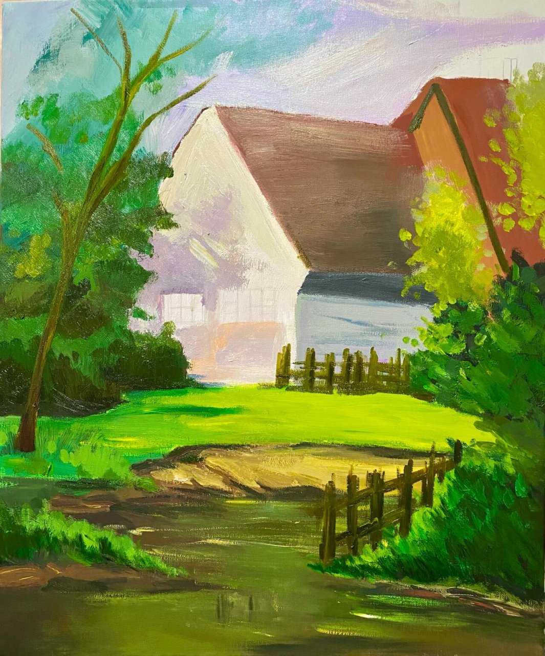 风景油画/风景丙烯画/乡村风景绘画 这幅画结合了丙烯和油画下笔 画完