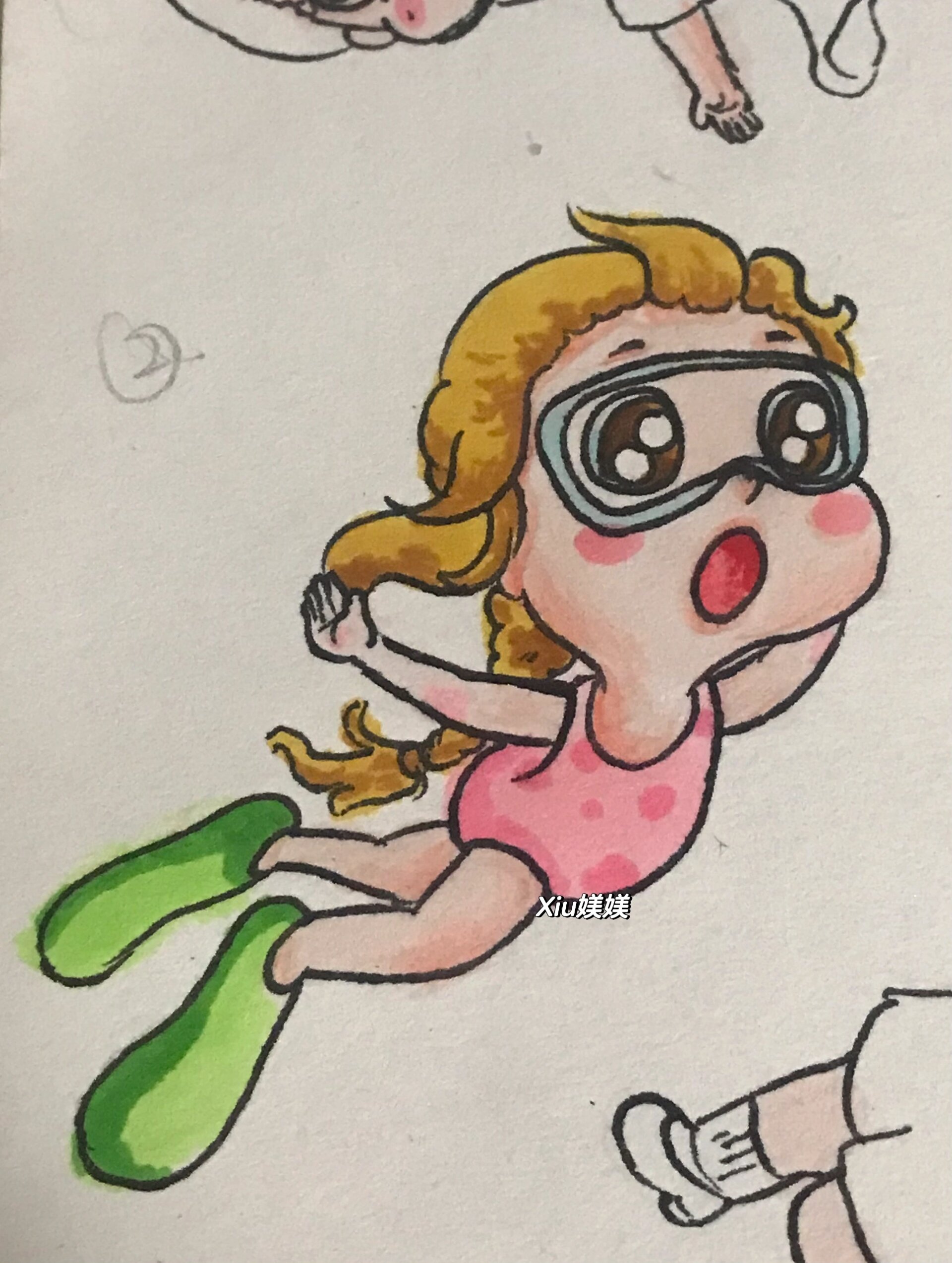 可爱的游泳小女孩,马克笔绘画