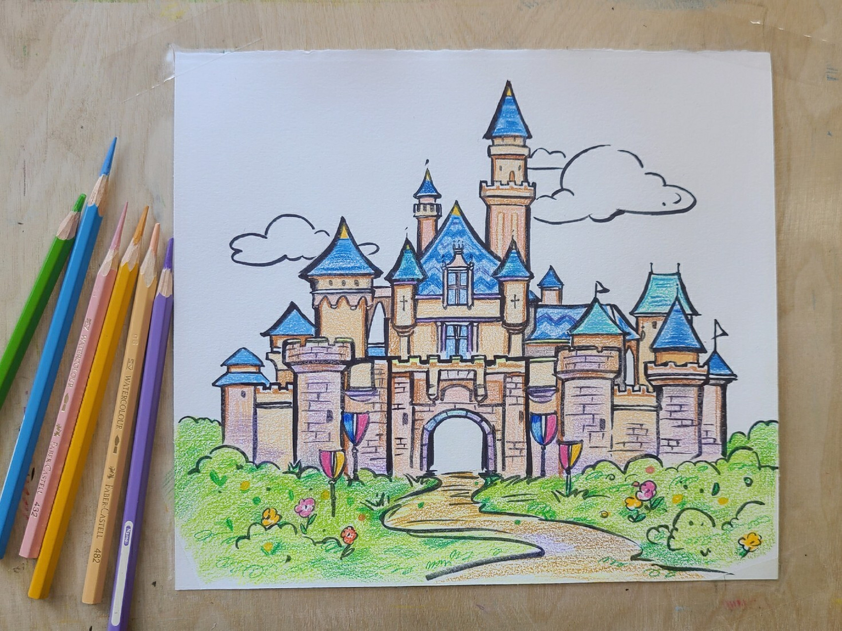 彩铅画|手绘城堡【附线稿过程】 视频里的线稿也整理好啦 我可真是