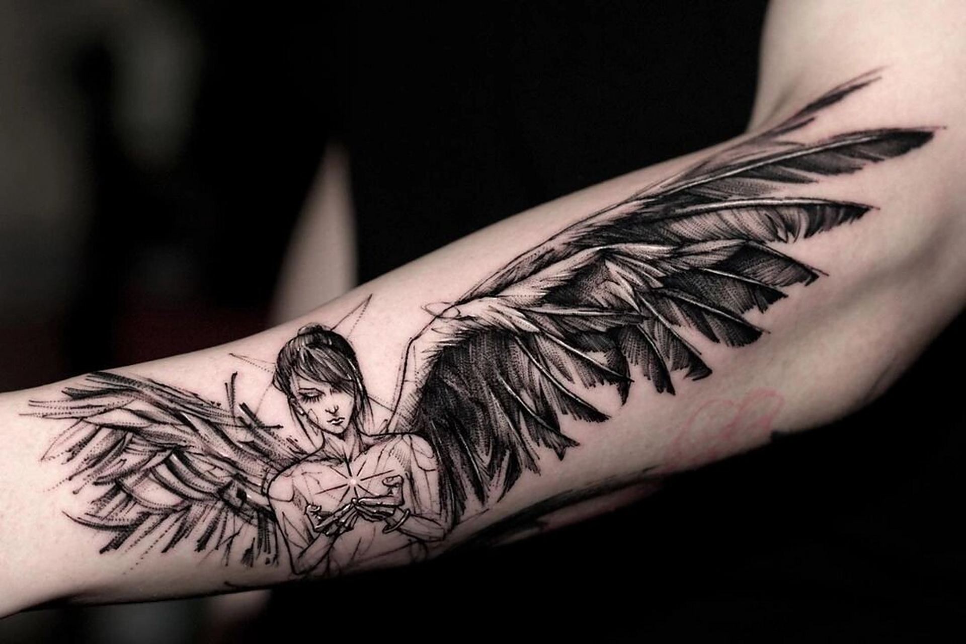 9个6015速写翅膀纹身6015简单的随性 速写风翅膀纹身 艺术感