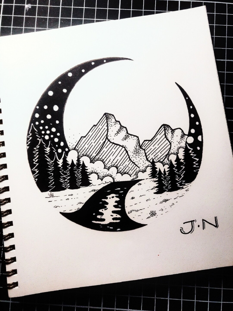 零9215基础黑白简笔画:星月山河!