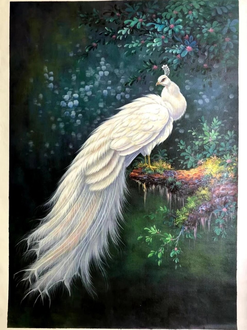 纯手绘油画-《白孔雀》 孔雀,是百鸟之王,是吉祥鸟,从古至今,孔雀在