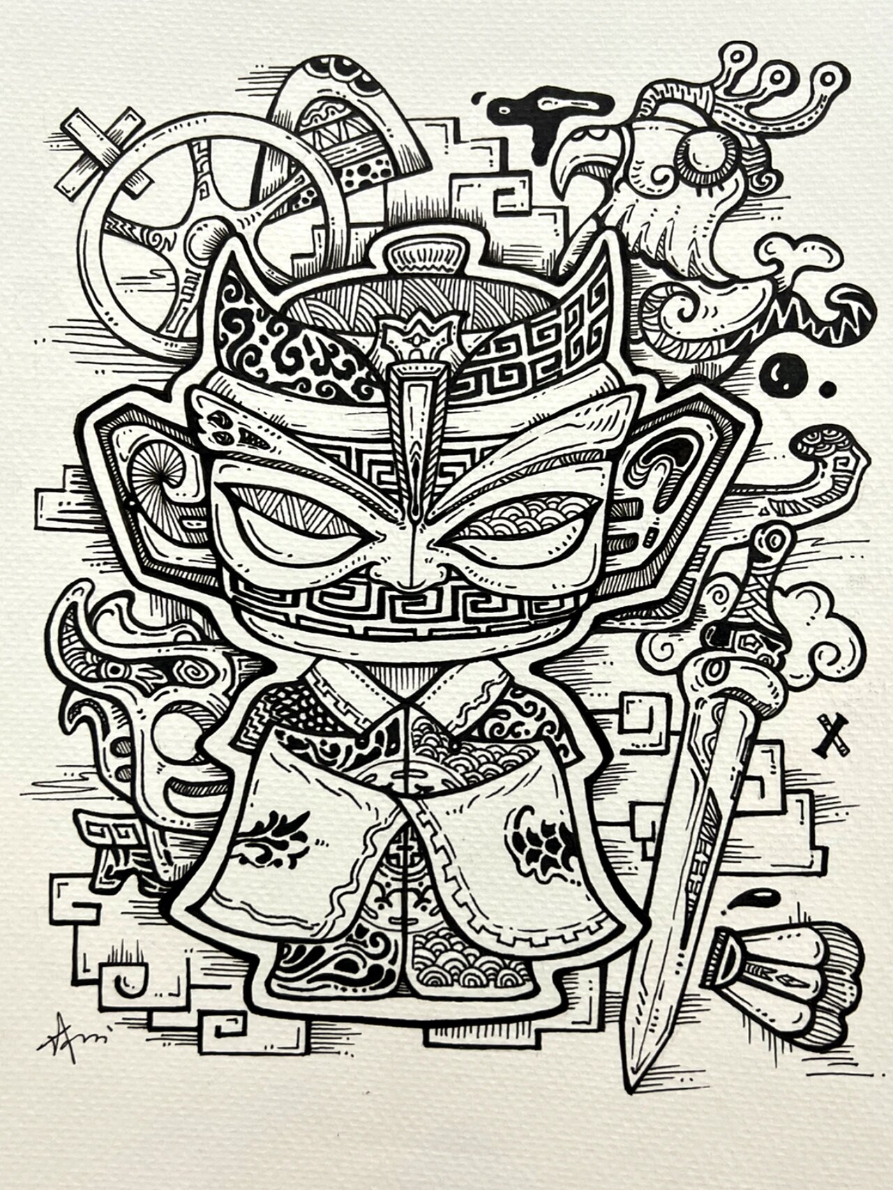 黑白简笔画|趣味三星堆手绘线描附过程