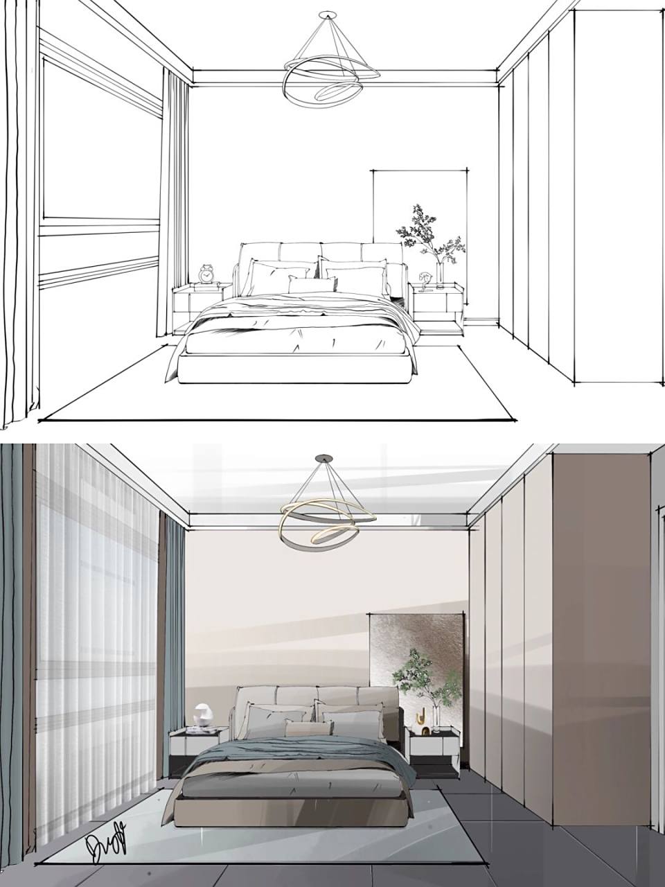 室内设计手绘效果图-奶咖色卧室 风格:现代风格 透视:一点透视 工具