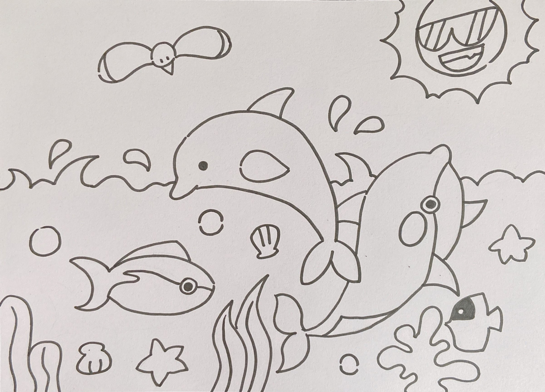 虎鲸小鱼海鸥海洋海底世界儿童画简笔画 各种鱼类大杂烩,海星贝壳水草