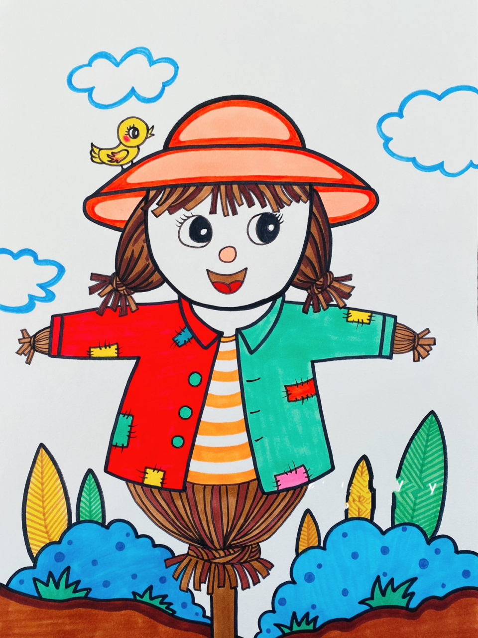 稻草人 马克笔儿童画 临摹作品.