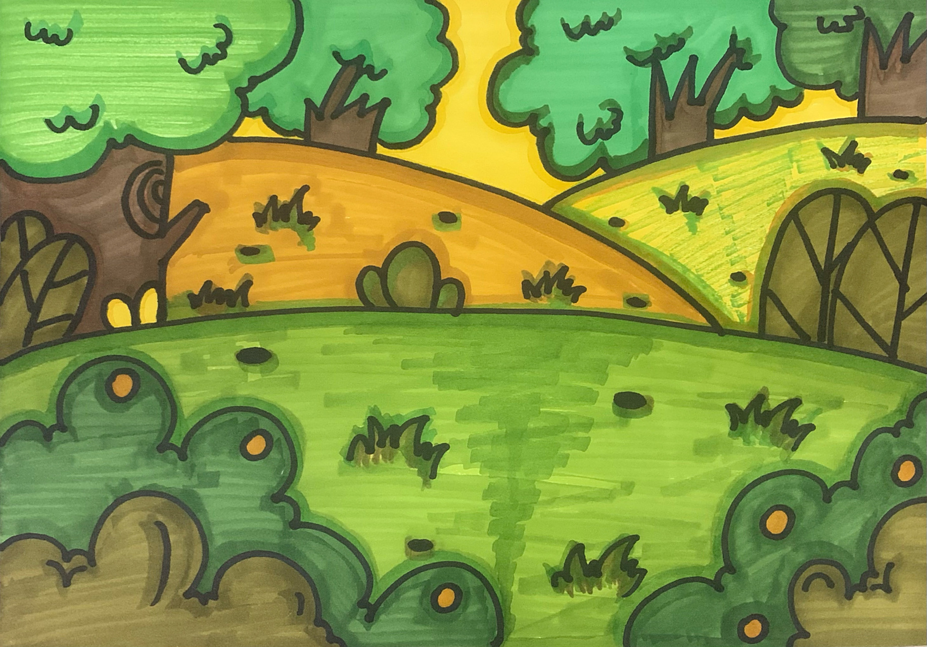 儿童场景画|森林·秋天主题|马克笔上色 场景画更新啦～ 涂颜色好困