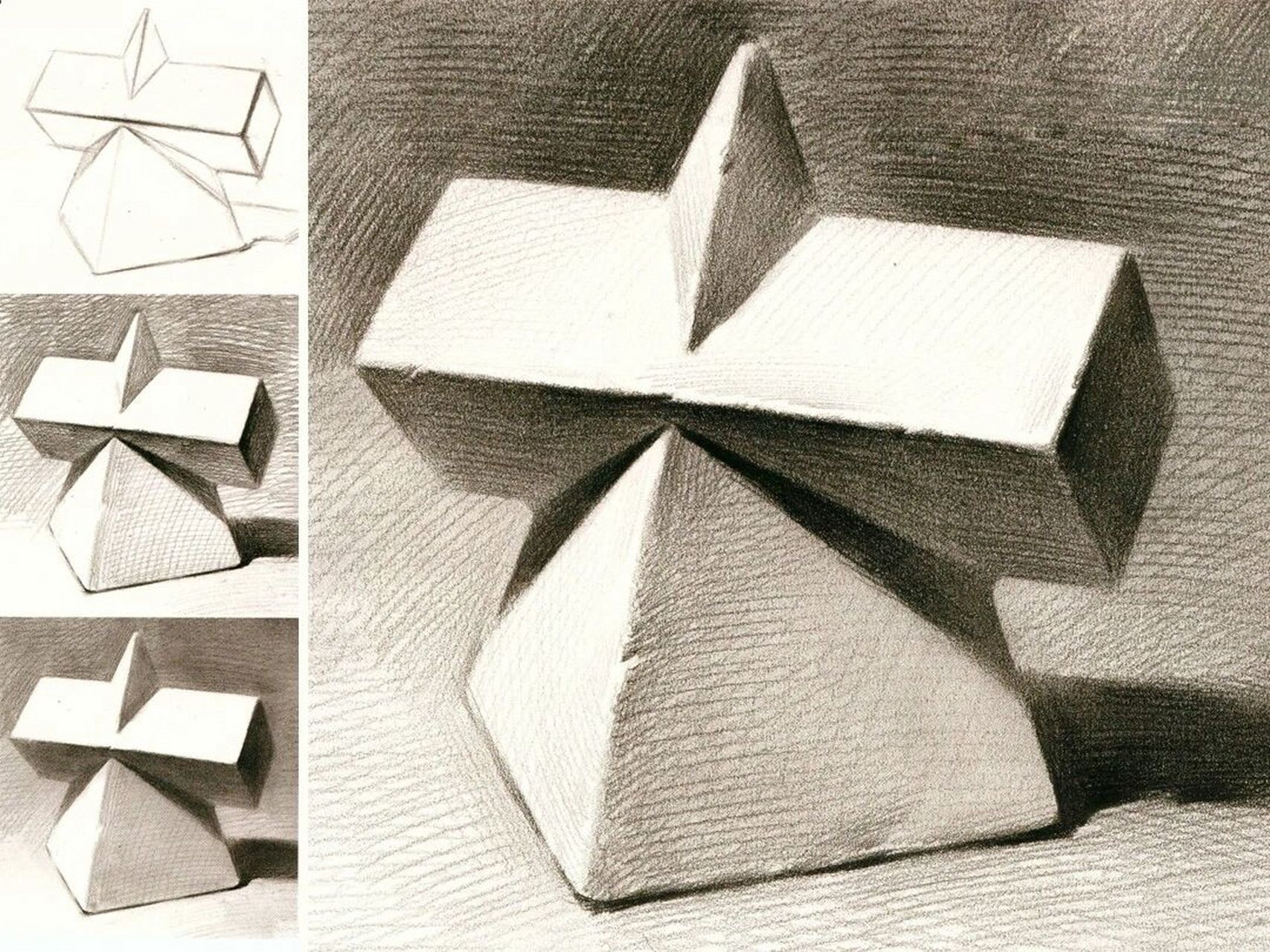 素描长方体四棱柱穿插体画法详解,绘画步骤 96关注我,每天都有绘画