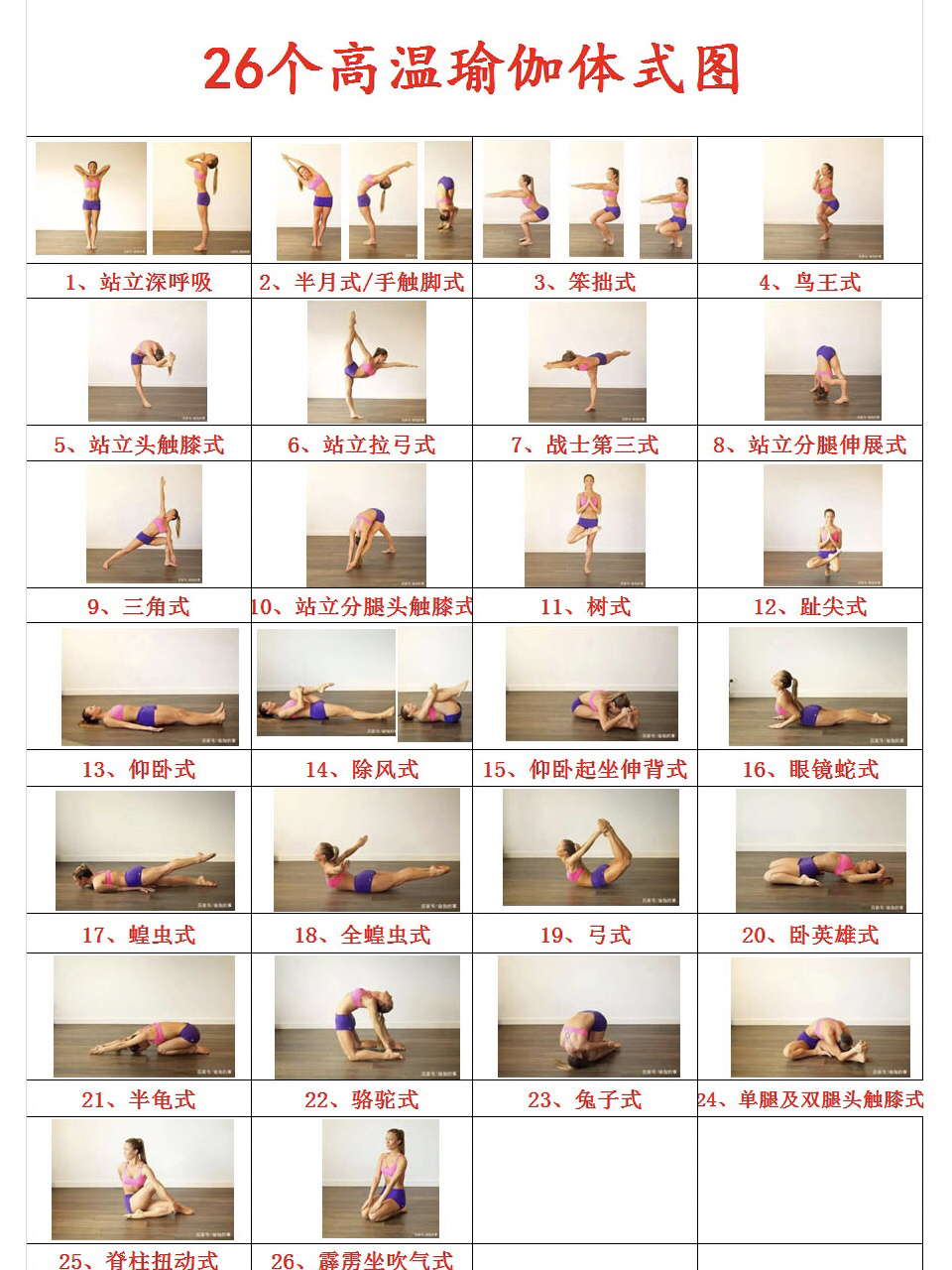 26个高温瑜伽体式 需要的拿去,翻看上一个是体式介绍