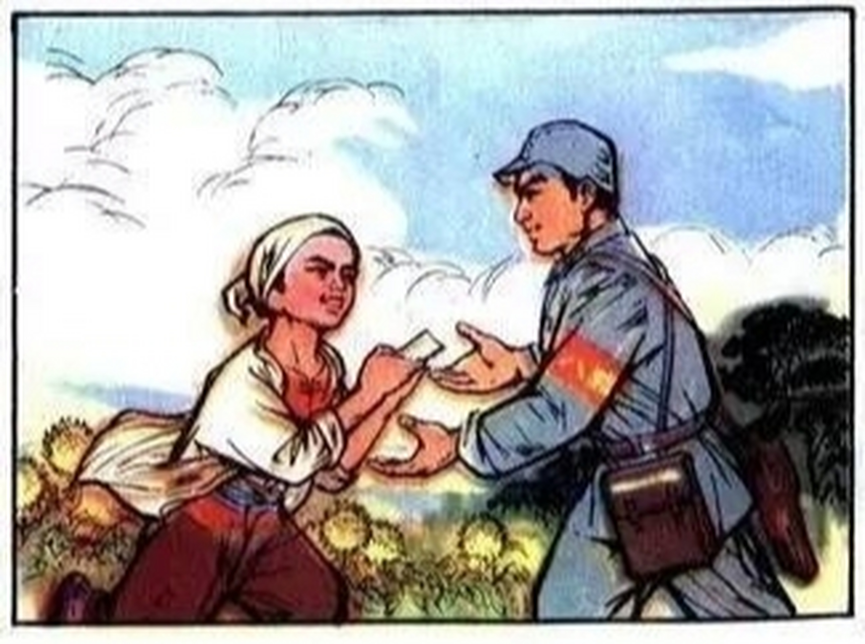 有一天,海娃去给住在张家庄的八路军王连长送信,这是一封粘着鸡毛的信