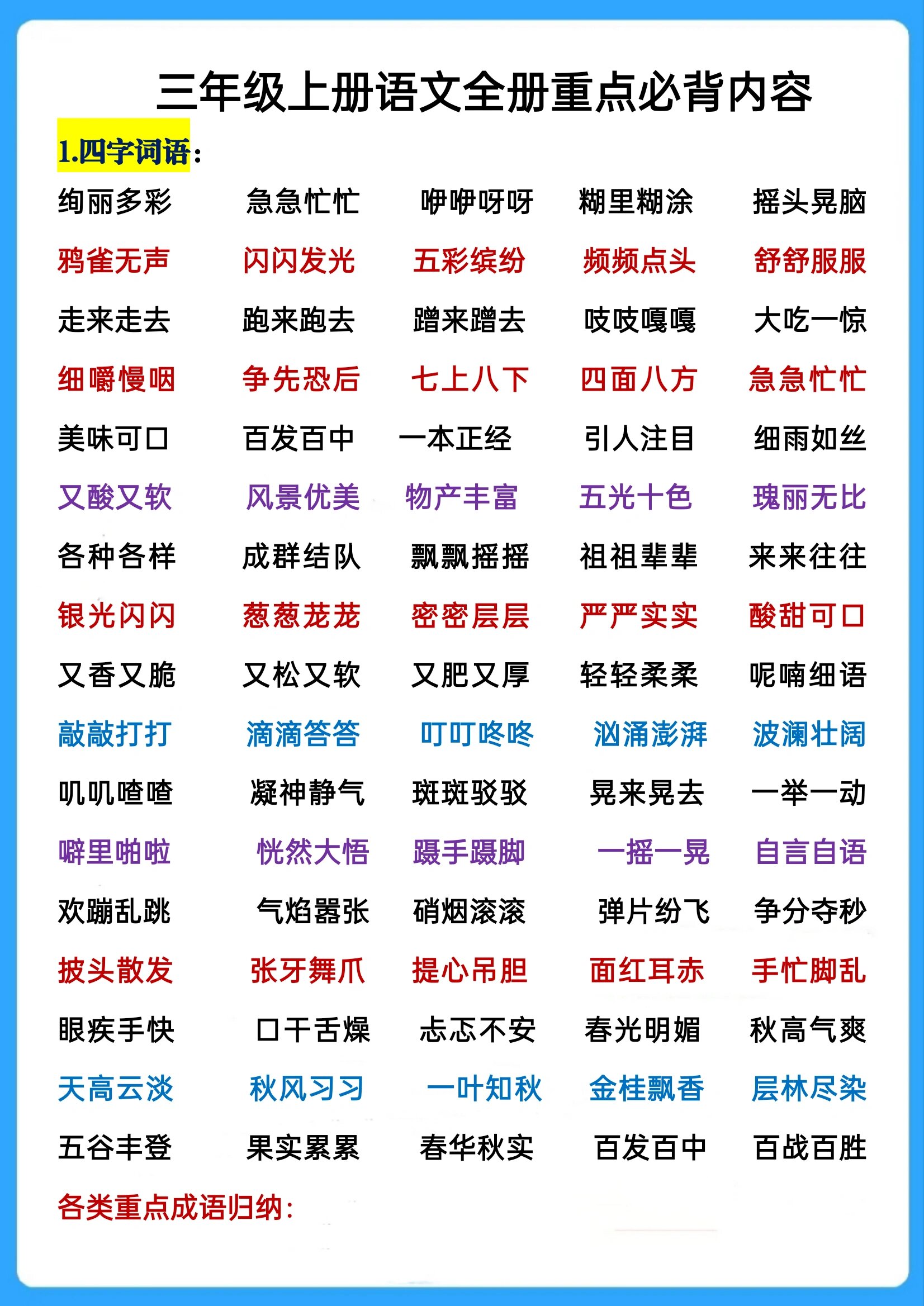 上册语文全册必背重点内容 全册共23页,包含了词语积累,近义词反义词
