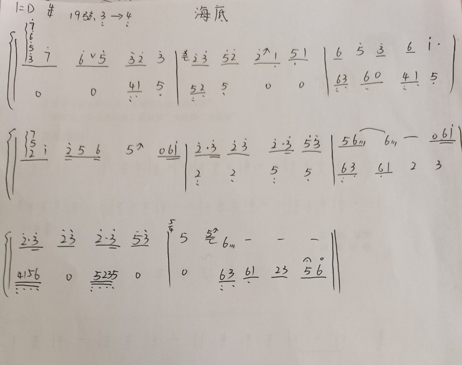 《海底》古筝谱