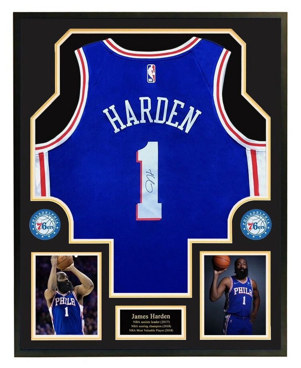 哈登亲笔签名76人队球衣 詹姆斯哈登1号篮球服 装裱 带证书