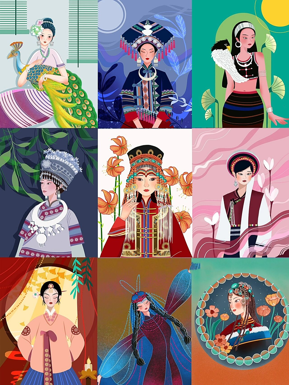 56个少数民族九宫格|少数民族女孩|插画合 终于凑成了一张少数民族